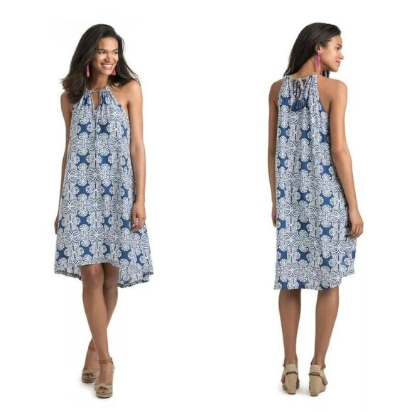 Vineyard Vines Mirrored Leaves Trapeze Halter dress in Moonlight Blue & White - Picture 1 of 11